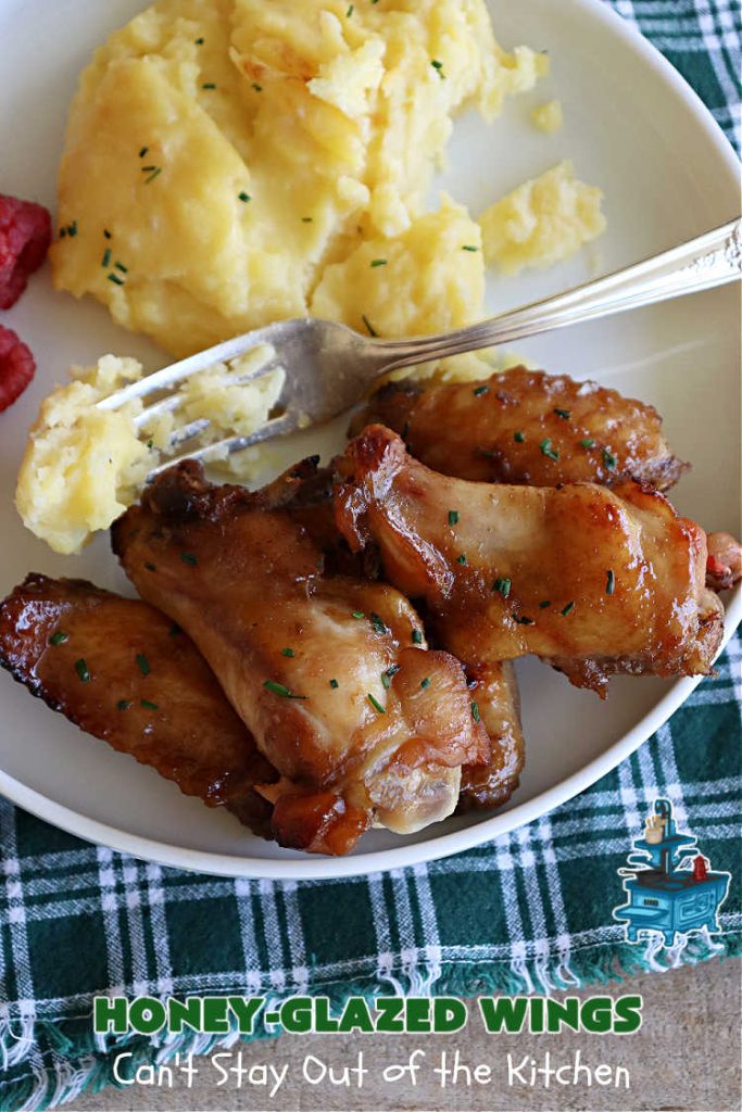 Honey-Glazed Wings | Can't Stay Out of the Kitchen | This easy-peasy #appetizer is a delicious marinated #recipe that's #baked up the next day. The #marinade is poured over the #ChickenWings before #baking so it's wonderfully easy to toss together for #tailgating parties, #potlucks & #BackyardBarbecues. #wings #chicken #poultry #GlutenFree #HoneyGlazedWings