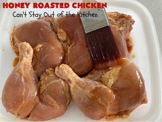 Honey Roasted Chicken | Can't Stay Out of the Kitchen | this simple & easy #5IngredientRecipe is ready for the #grill in 5 minutes! You can use any cut of #chicken including #ChickenLegQuarters. We slow-cook the #chicken pieces over the #grill until the meat is cooked to perfection. Great #MainDish #entree for #grilling out with friends & #BackyardBarbecues. #GlutenFree #healthy #LowCalorie #HoneyRoastedChicken