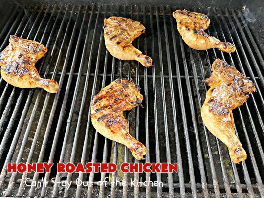 Honey Roasted Chicken | Can't Stay Out of the Kitchen | this simple & easy #5IngredientRecipe is ready for the #grill in 5 minutes! You can use any cut of #chicken including #ChickenLegQuarters. We slow-cook the #chicken pieces over the #grill until the meat is cooked to perfection. Great #MainDish #entree for #grilling out with friends & #BackyardBarbecues. #GlutenFree #healthy #LowCalorie #HoneyRoastedChicken