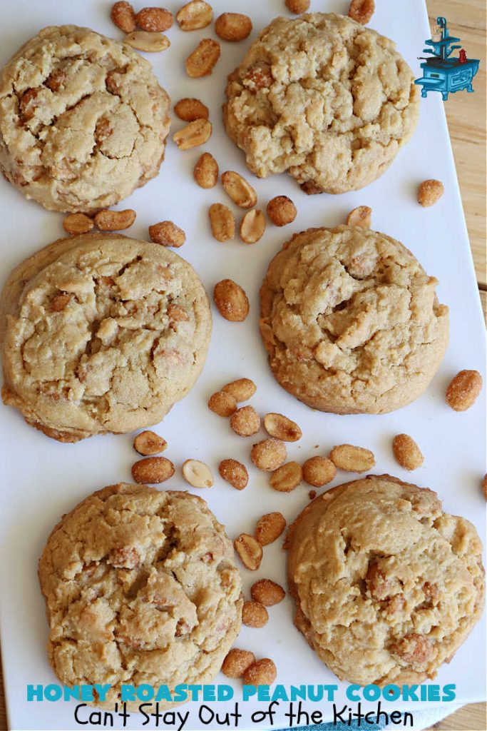 Honey Roasted Peanut Cookies | Can't Stay Out of the Kitchen | these fantastic #PeanutButterCookies are chocked full of #HoneyRoastedPeanuts. They're chunky, rich, and absolutely heavenly. Every bite will rock your world! Highly recommended for #tailgating parties, potlucks & #ChristmasCookieExchanges #peanuts #cookies #dessert #PeanutButterDessert #holiday #HolidayBaking #HoneyRoastedPeanutCookies