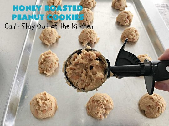 Honey Roasted Peanut Cookies | Can't Stay Out of the Kitchen | these fantastic #PeanutButterCookies are chocked full of #HoneyRoastedPeanuts. They're chunky, rich, and absolutely heavenly. Every bite will rock your world! Highly recommended for #tailgating parties, potlucks & #ChristmasCookieExchanges #peanuts #cookies #dessert #PeanutButterDessert #holiday #HolidayBaking #HoneyRoastedPeanutCookies