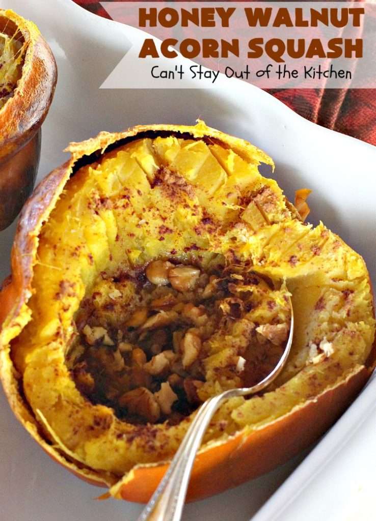 Honey Walnut Acorn Squash | Can't Stay Out of the Kitchen | this super easy 5-ingredient #sidedish is a fabulous way to use #AcornSquash. We especially love this for #Thanksgiving and #Christmas dinners. #holiday #casserole #holidaysidedish #glutenfree #walnuts #glutenfreesidedish