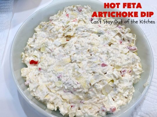 Hot Feta Artichoke Dip | Can't Stay Out of the Kitchen | This fantastic #appetizer is so easy to make & uses only 6 ingredients. It's perfect for #holiday or #tailgating parties. #FetaCheese #artichokes #ParmesanCheese #GlutenFree #GlutenFreeAppetizer #HolidayAppetizer #HotFetaArtichokeDip