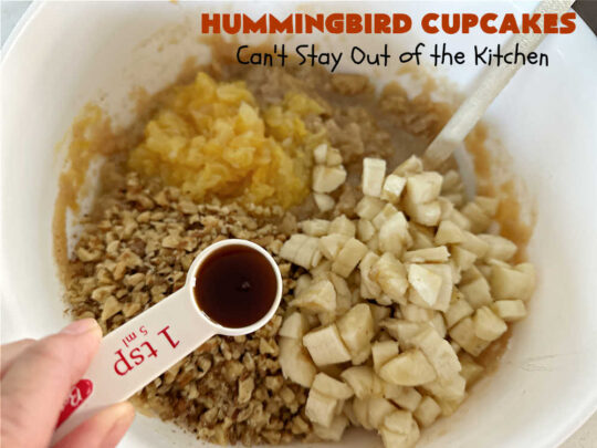 Hummingbird Cupcakes | Can't Stay Out of the Kitchen | Prepare to drool over every bite of these spectacular #cupcakes. #Walnuts, #cinnamon, #bananas #pineapple & a #CreamCheese #icing makes this #dessert rock! #HummingbirdCupcakes are just as amazing as #HummingbirdCake! #cake #HummingbirdDessert