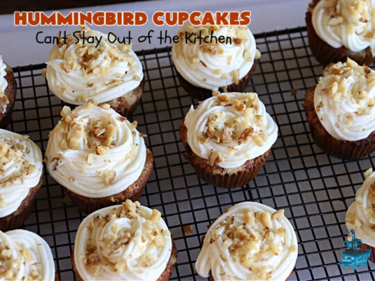 Hummingbird Cupcakes | Can't Stay Out of the Kitchen | Prepare to drool over every bite of these spectacular #cupcakes. #Walnuts, #cinnamon, #bananas #pineapple & a #CreamCheese #icing makes this #dessert rock! #HummingbirdCupcakes are just as amazing as #HummingbirdCake! #cake #HummingbirdDessert