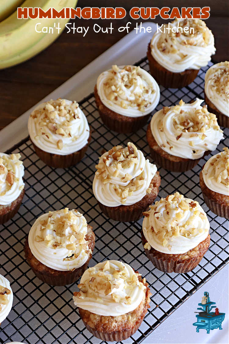 Hummingbird Cupcakes | Can't Stay Out of the Kitchen | Prepare to drool over every bite of these spectacular #cupcakes. #Walnuts, #cinnamon, #bananas #pineapple & a #CreamCheese #icing makes this #dessert rock! #HummingbirdCupcakes are just as amazing as #HummingbirdCake! #cake #HummingbirdDessert