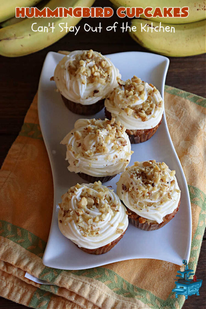 Hummingbird Cupcakes | Can't Stay Out of the Kitchen | Prepare to drool over every bite of these spectacular #cupcakes. #Walnuts, #cinnamon, #bananas #pineapple & a #CreamCheese #icing makes this #dessert rock! #HummingbirdCupcakes are just as amazing as #HummingbirdCake! #cake #HummingbirdDessert