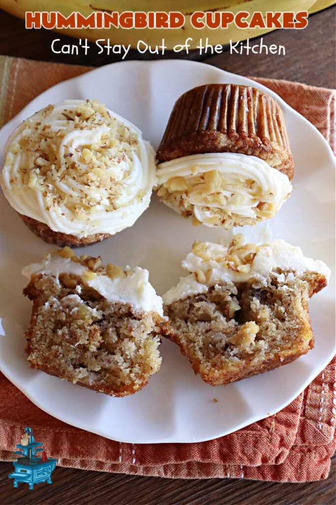 Hummingbird Cupcakes | Can't Stay Out of the Kitchen | Prepare to drool over every bite of these spectacular #cupcakes. #Walnuts, #cinnamon, #bananas #pineapple & a #CreamCheese #icing makes this #dessert rock! #HummingbirdCupcakes are just as amazing as #HummingbirdCake! #cake #HummingbirdDessert