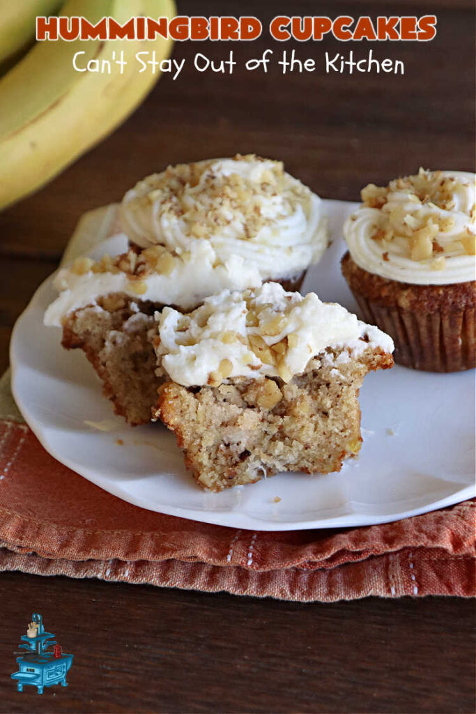 Hummingbird Cupcakes | Can't Stay Out of the Kitchen | Prepare to drool over every bite of these spectacular #cupcakes. #Walnuts, #cinnamon, #bananas #pineapple & a #CreamCheese #icing makes this #dessert rock! #HummingbirdCupcakes are just as amazing as #HummingbirdCake! #cake #HummingbirdDessert