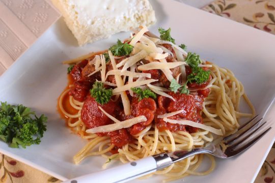 Spaghetti and Meatballs in Pepperoni Sauce - Can't Stay Out of the Kitchen