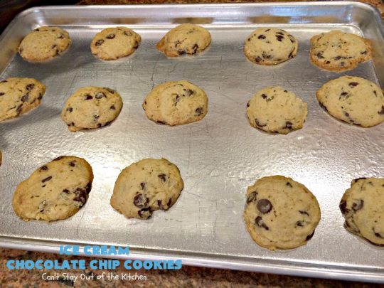 Ice Cream Chocolate Chip Cookies | Can't Stay Out of the Kitchen | No one will ever guess the secret ingredient in these spectacular #cookies is #IceCream! They're ooey, gooey, chocolaty & outrageously delicious. #tailgating #ChocolateChipCookies #chocolate #dessert #ChocolateDessert #IceCreamChocolateChipCookies