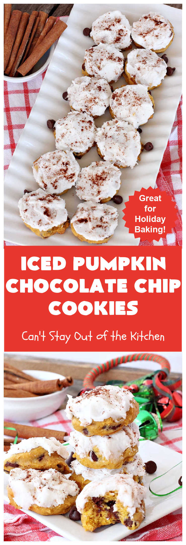 Iced Pumpkin Chocolate Chip Cookies | Can't Stay Out of the Kitchen | these spectacular #cookies have it all! #ChocolateChips, #pumpkin & icing. They're perfect for #holiday #baking & #Christmas parties or a #ChristmasCookieExchange. #dessert #PumpkinDessert #ChocolateDessert #chocolate #IcedPumpkinChocolateChipCookies