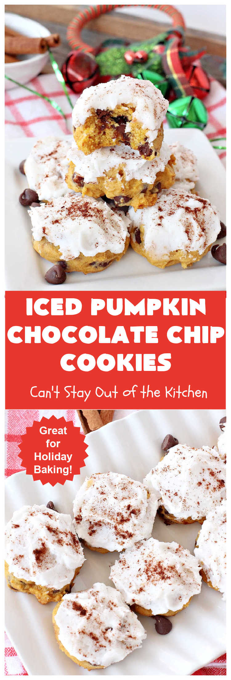 Iced Pumpkin Chocolate Chip Cookies | Can't Stay Out of the Kitchen | these spectacular #cookies have it all! #ChocolateChips, #pumpkin & icing. They're perfect for #holiday #baking & #Christmas parties or a #ChristmasCookieExchange. #dessert #PumpkinDessert #ChocolateDessert #chocolate #IcedPumpkinChocolateChipCookies