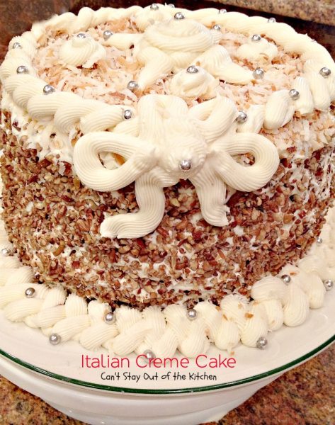 Italian Creme Cake | Can't Stay Out of the Kitchen | rich, decadent #cake with #pecans #coconut and #creamcheese in the cake and in the frosting! This cake is great to make for special occasions and #holiday #baking. #dessert