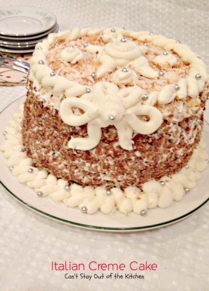 Italian Creme Cake | Can't Stay Out of the Kitchen | rich, decadent #cake with #pecans #coconut and #creamcheese in the cake and in the frosting! This cake is great to make for special occasions and #holiday #baking. #dessert