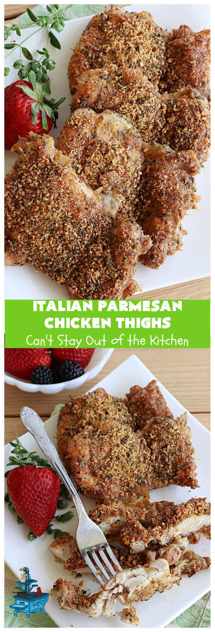 Italian Parmesan Chicken Thighs | Can't Stay Out of the Kitchen | these delicious #ChickenThighs can be oven ready in about 5 minutes. They're so easy to toss together & taste fantastic. This entree uses #Italian flavors like #basil, #oregano & #thyme along with #chives to give it a zesty flavor. #ParmesanCheese makes the coating even better. #GlutenFree #chicken #poultry #ItalianParmesanChickenThighs