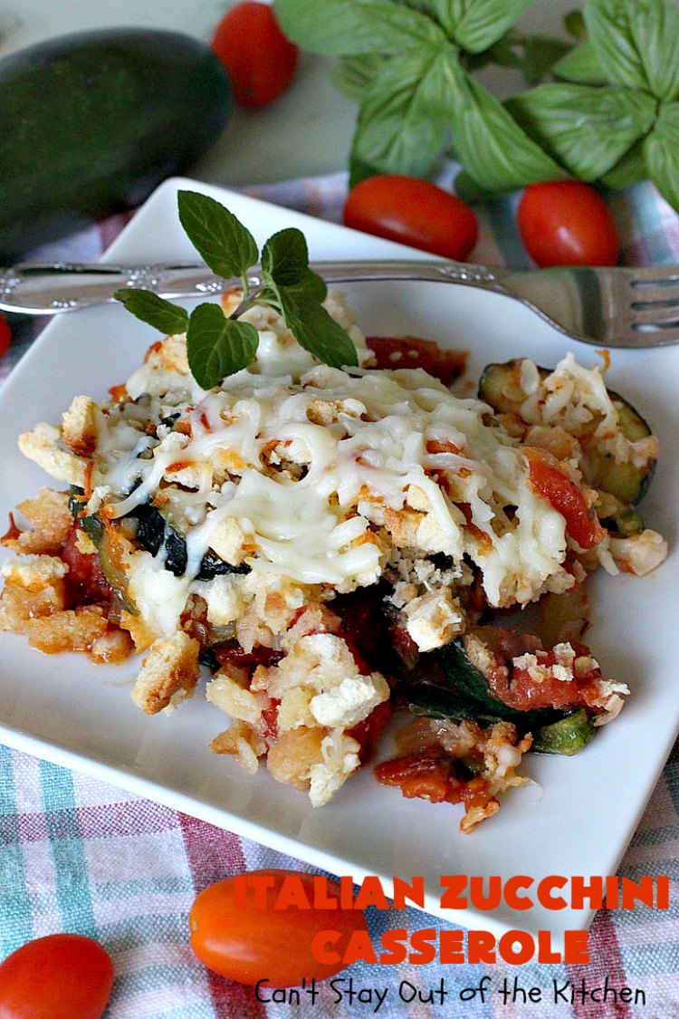 Italian Zucchini Casserole | Cant Stay Out of the Kitchen | this fantastic #casserole is perfect for your #Thanksgiving or #Christmas #holiday menu. It's filled with #zucchini & #tomatoes, topped with #StuffingMix & loaded with #Parmesan & #Mozzarella cheeses. Everyone will want seconds. #Italian #HolidaySideDish #ZucchiniCasserole #ItalianZucchiniCasserole #GooseberryPatch