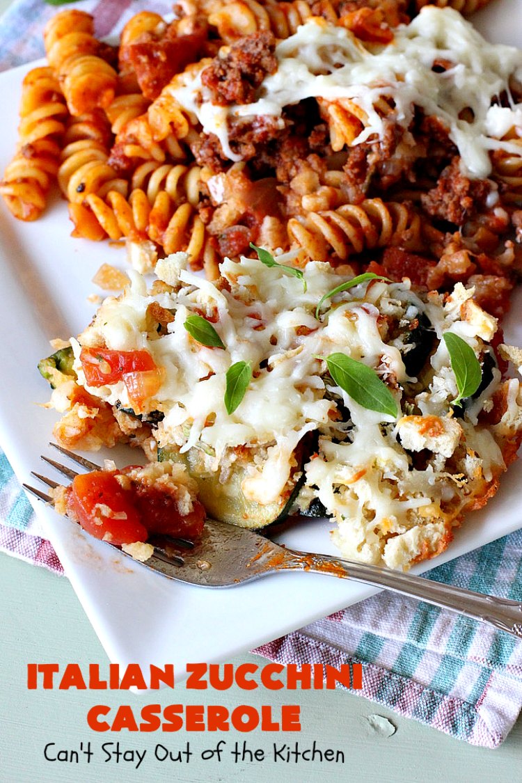 Italian Zucchini Casserole | Cant Stay Out of the Kitchen | this fantastic #casserole is perfect for your #Thanksgiving or #Christmas #holiday menu. It's filled with #zucchini & #tomatoes, topped with #StuffingMix & loaded with #Parmesan & #Mozzarella cheeses. Everyone will want seconds. #Italian #HolidaySideDish #ZucchiniCasserole #ItalianZucchiniCasserole #GooseberryPatch