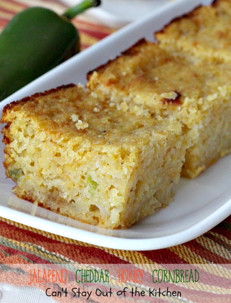 Jalapeno Cheddar Honey Cornbread | Can't Stay Out of the Kitchen | dynamite #cornbread that's sweet and spicy. Great with #chili. #jalapenos #cheddarcheese