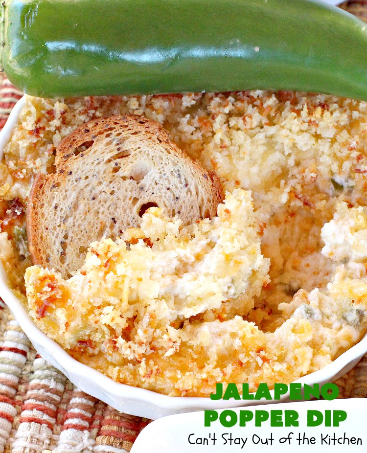 Jalapeno Popper Dip | Can't Stay Out of the Kitchen | this fantastic #TexMex #appetizer is terrific for #tailgating, #NewYearsEve or #SuperBowl parties. It's filled with lots of #cheese #jalapeno peppers & green #chilies & while it has some heat it doesn't overwhelm the taste buds.