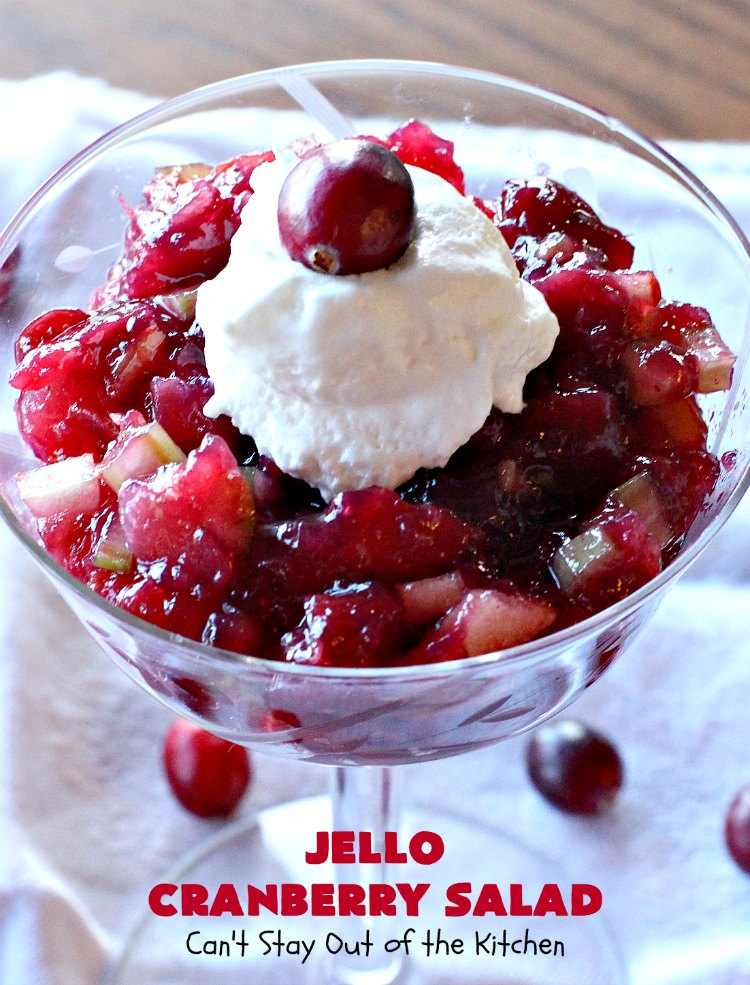 Jello Cranberry Salad | Can't Stay Out of the Kitchen | this #CongealedSalad is delightful for the #holidays. It's prepared a day in advance which is really helpful. It's made with either fresh #cranberries & sugar or #WholeBerryCranberrySauce. It also has diced #celery, #apples & #pineapple. This terrific #salad is great for #Thanksgiving or #Christmas dinner. #GlutenFree #Jello #HolidaySideDish #JelloCranberrySalad