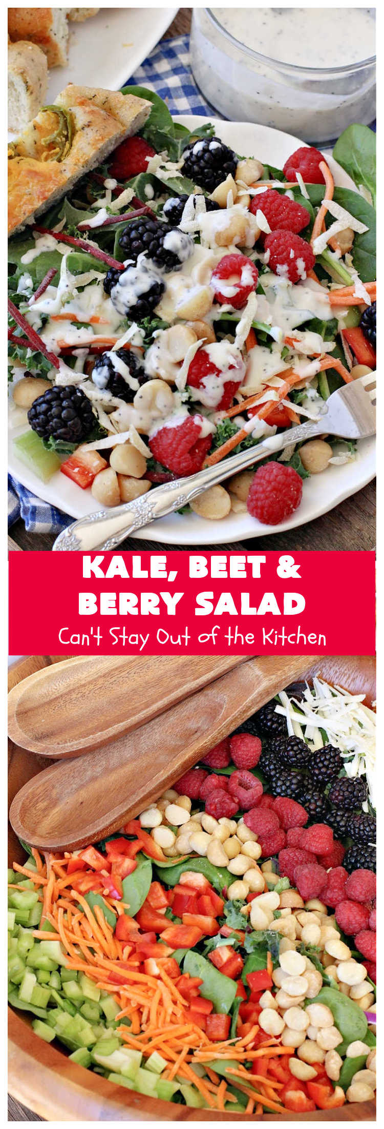 Kale, Beet and Berry Salad | Can't Stay Out of the Kitchen | This amazing #salad will knock your socks off! Seriously. It features #raspberries, #blackberries, #MacadamiaNuts & #asiago or #romano #cheese. Great for company dinners. #GlutenFree #beets #kale #healthy #LowCalorie #CleanEating