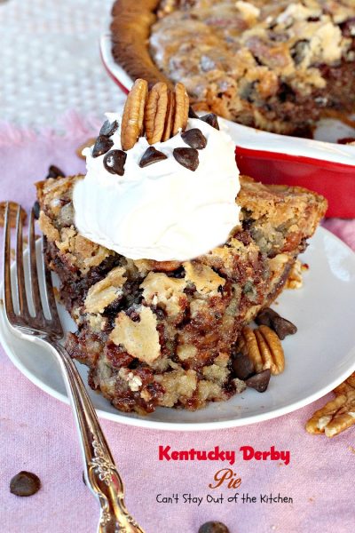 Kentucky Derby Pie | Can't Stay Out of the Kitchen | This fabulous #pie is a cross between #tollhouse pie and #pecan pie. It's breathtaking! #chocolate #dessert