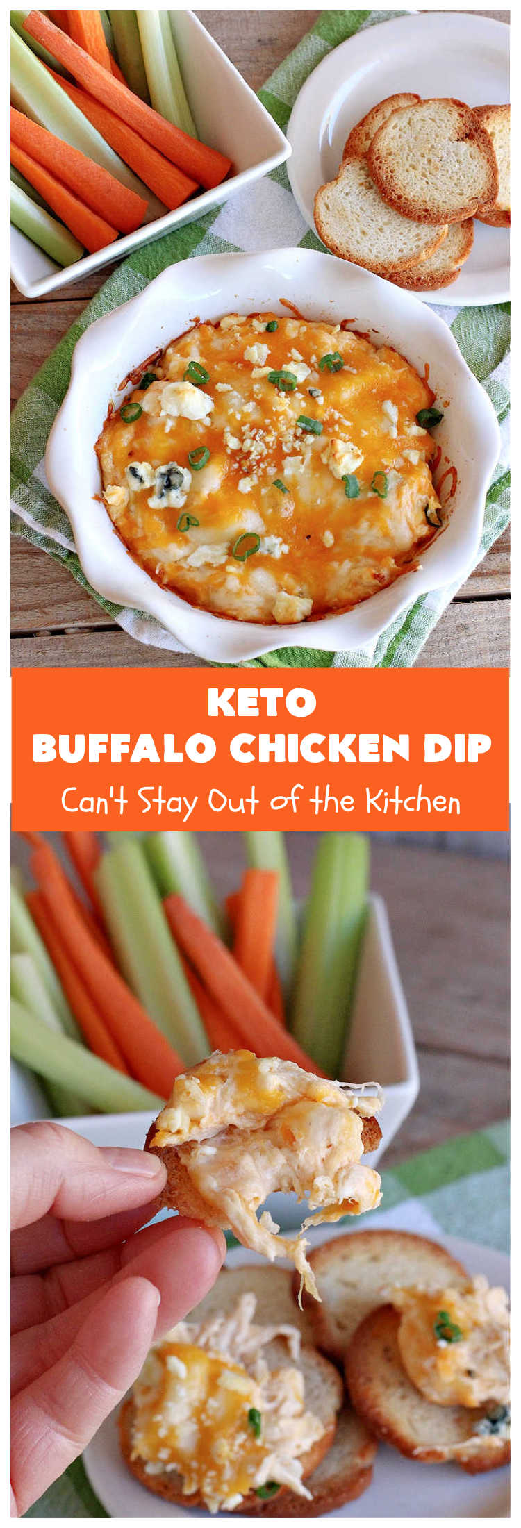 Keto Buffalo Chicken Dip | Can't Stay Out of the Kitchen | this amazing #appetizer uses 4 cheeses! #CheddarCheese, #MozzarellaCheese, #CreamCheese & #BlueCheese. It's unbelievably mouthwatering & #Keto-friendly. If you love #BuffaloChicken you'll find #KetoBuffaloChickenDip irresistible. #chicken #BuffaloChickenDip #tailgating #SuperBowl