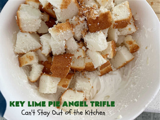 Key Lime Pie Angel Trifle | Can't Stay Out of the Kitchen | If you enjoy #KeyLimePie, you'll love the flavors in this amazing #AngelTrifle. This #dessert is so drool-worthy, you'll be swooning over every bite. #KeyLimePieAngelTrifle is terrific for #holidays like #StPatricksDay, potlucks or any company dinner. #KeyLime #KeyLimeDessert #KeyLimePieAngelDessert