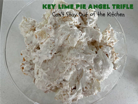 Key Lime Pie Angel Trifle | Can't Stay Out of the Kitchen | If you enjoy #KeyLimePie, you'll love the flavors in this amazing #AngelTrifle. This #dessert is so drool-worthy, you'll be swooning over every bite. #KeyLimePieAngelTrifle is terrific for #holidays like #StPatricksDay, potlucks or any company dinner. #KeyLime #KeyLimeDessert #KeyLimePieAngelDessert