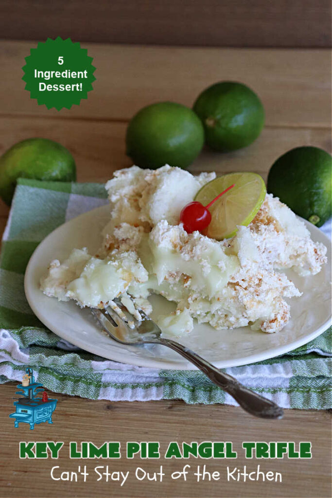 Key Lime Pie Angel Trifle | Can't Stay Out of the Kitchen | If you enjoy #KeyLimePie, you'll love the flavors in this amazing #AngelTrifle. This #dessert is so drool-worthy, you'll be swooning over every bite. #KeyLimePieAngelTrifle is terrific for #holidays like #StPatricksDay, potlucks or any company dinner. #KeyLime #KeyLimeDessert #KeyLimePieAngelDessert