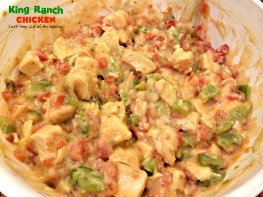 King Ranch Chicken | Can't Stay Out of the Kitchen | one of our favorite #Tex-Mex #casseroles. This one is layered with corn #tortillas, an amazing #chicken layer and cheese.