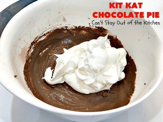 Kit Kat Chocolate Pie | Can't Stay Out of the Kitchen | this easy 5-ingredient #recipe is heavenly. It uses #chocolate pudding, a chocolate crumb crust & #KitKatBars. Every bite will have you drooling. #dessert #ChocolatePie #pie #ChocolateDessert #HolidayDessert #KitKatDessert #KitKatChocolatePie #5IngredientDessert