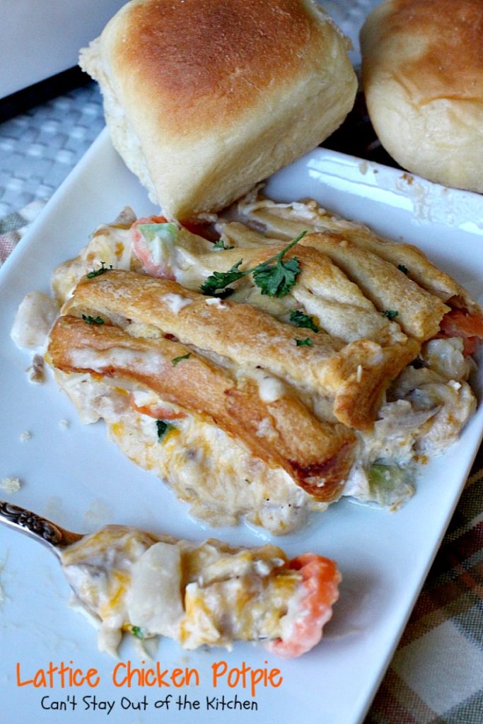 Lattice Chicken Potpie | Can't Stay Out of the Kitchen | fabulous & easy #chicken #potpie includes #veggies #French'sFriedOnions and has a simple crust using #CrescentRolls.