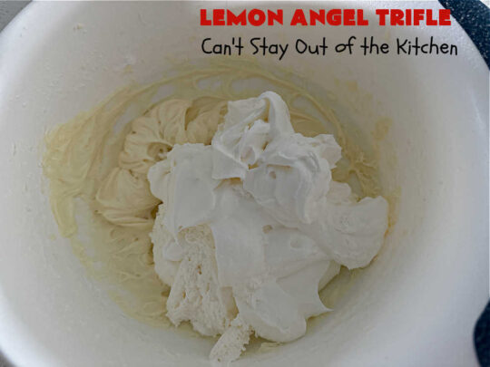 Lemon Angel Trifle | Can't Stay Out of the Kitchen | Prepare to have your socks knocked off over every delicious bite of this #lemon-flavored #trifle #dessert. It's a super easy #5IngredientRecipe that can be whipped up in 10 minutes. Your company will be drooling over every bite. #LemonDessert #CreamCheese #AngelFoodCake #LemonAngelTrifle