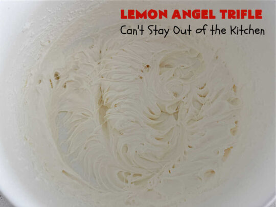 Lemon Angel Trifle | Can't Stay Out of the Kitchen | Prepare to have your socks knocked off over every delicious bite of this #lemon-flavored #trifle #dessert. It's a super easy #5IngredientRecipe that can be whipped up in 10 minutes. Your company will be drooling over every bite. #LemonDessert #CreamCheese #AngelFoodCake #LemonAngelTrifle