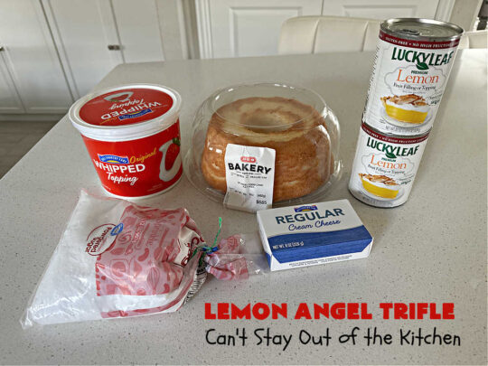 Lemon Angel Trifle | Can't Stay Out of the Kitchen | Prepare to have your socks knocked off over every delicious bite of this #lemon-flavored #trifle #dessert. It's a super easy #5IngredientRecipe that can be whipped up in 10 minutes. Your company will be drooling over every bite. #LemonDessert #CreamCheese #AngelFoodCake #LemonAngelTrifle