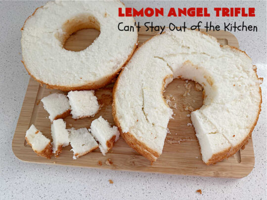 Lemon Angel Trifle | Can't Stay Out of the Kitchen | Prepare to have your socks knocked off over every delicious bite of this #lemon-flavored #trifle #dessert. It's a super easy #5IngredientRecipe that can be whipped up in 10 minutes. Your company will be drooling over every bite. #LemonDessert #CreamCheese #AngelFoodCake #LemonAngelTrifle