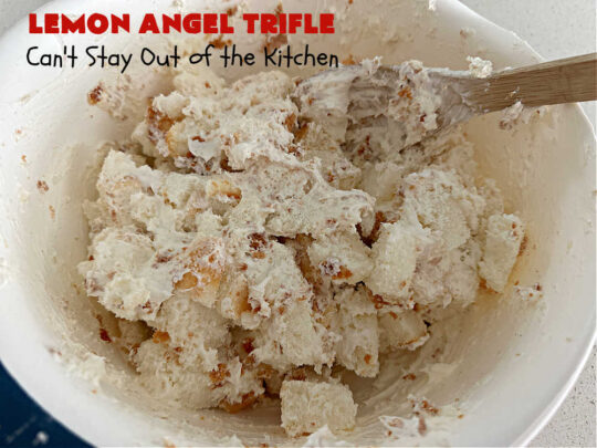 Lemon Angel Trifle | Can't Stay Out of the Kitchen | Prepare to have your socks knocked off over every delicious bite of this #lemon-flavored #trifle #dessert. It's a super easy #5IngredientRecipe that can be whipped up in 10 minutes. Your company will be drooling over every bite. #LemonDessert #CreamCheese #AngelFoodCake #LemonAngelTrifle