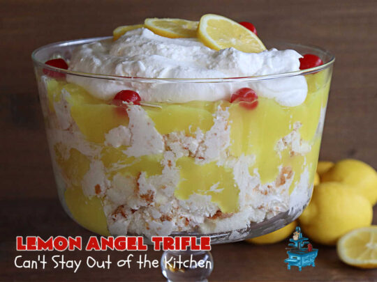 Lemon Angel Trifle | Can't Stay Out of the Kitchen | Prepare to have your socks knocked off over every delicious bite of this #lemon-flavored #trifle #dessert. It's a super easy #5IngredientRecipe that can be whipped up in 10 minutes. Your company will be drooling over every bite. #LemonDessert #CreamCheese #AngelFoodCake #LemonAngelTrifle