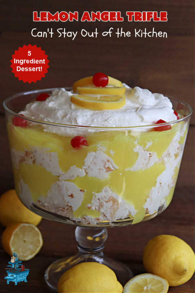 Lemon Angel Trifle | Can't Stay Out of the Kitchen | Prepare to have your socks knocked off over every delicious bite of this #lemon-flavored #trifle #dessert. It's a super easy #5IngredientRecipe that can be whipped up in 10 minutes. Your company will be drooling over every bite. #LemonDessert #CreamCheese #AngelFoodCake #LemonAngelTrifle