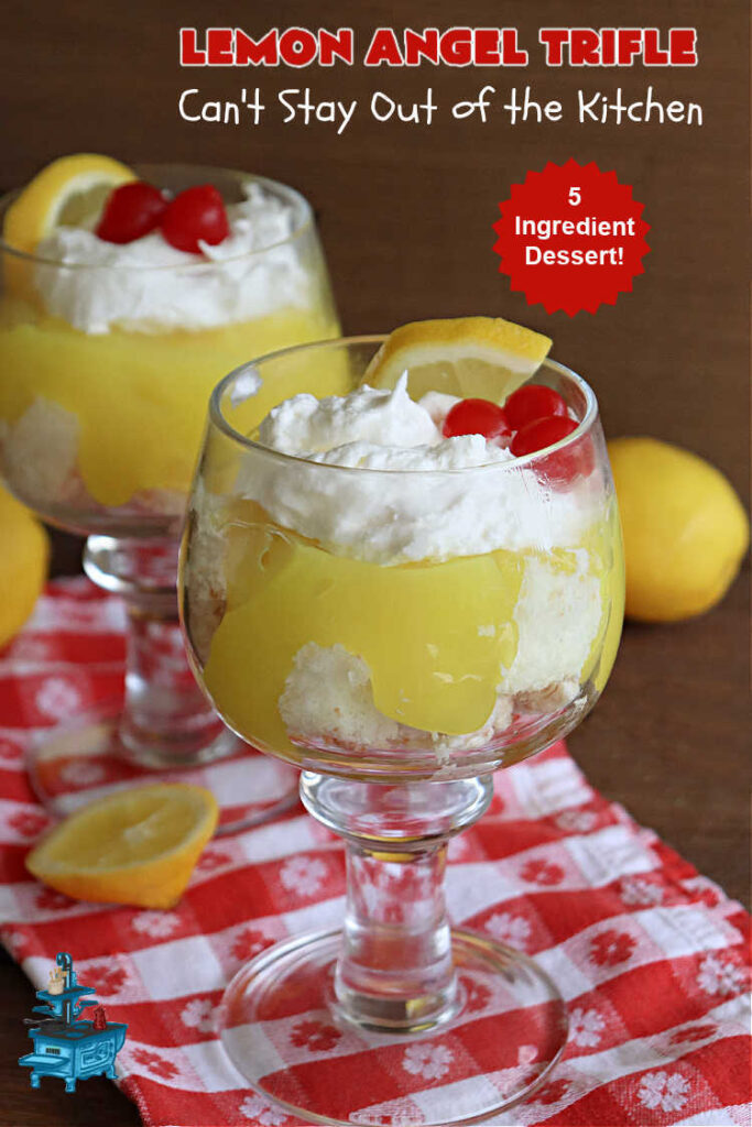 Lemon Angel Trifle | Can't Stay Out of the Kitchen | Prepare to have your socks knocked off over every delicious bite of this #lemon-flavored #trifle #dessert. It's a super easy #5IngredientRecipe that can be whipped up in 10 minutes. Your company will be drooling over every bite. #LemonDessert #CreamCheese #AngelFoodCake #LemonAngelTrifle