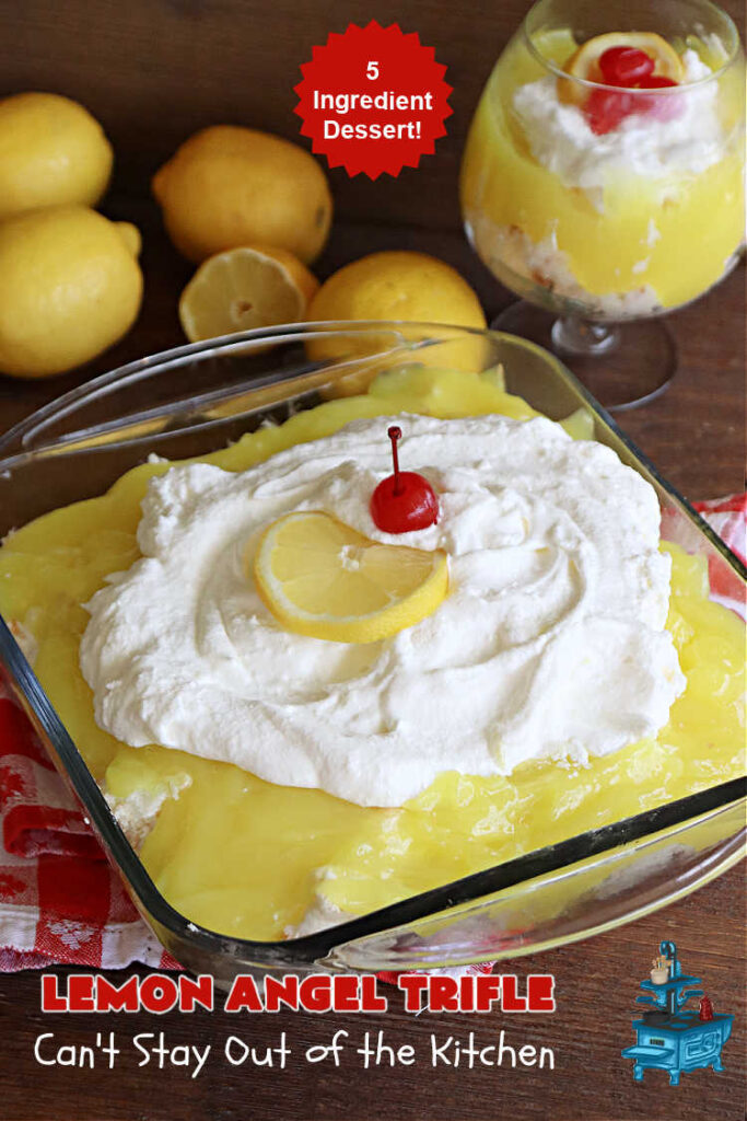 Lemon Angel Trifle | Can't Stay Out of the Kitchen | Prepare to have your socks knocked off over every delicious bite of this #lemon-flavored #trifle #dessert. It's a super easy #5IngredientRecipe that can be whipped up in 10 minutes. Your company will be drooling over every bite. #LemonDessert #CreamCheese #AngelFoodCake #LemonAngelTrifle