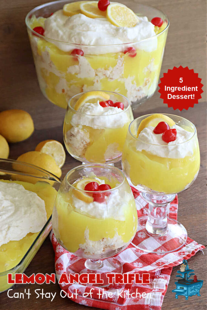 Lemon Angel Trifle | Can't Stay Out of the Kitchen | Prepare to have your socks knocked off over every delicious bite of this #lemon-flavored #trifle #dessert. It's a super easy #5IngredientRecipe that can be whipped up in 10 minutes. Your company will be drooling over every bite. #LemonDessert #CreamCheese #AngelFoodCake #LemonAngelTrifle