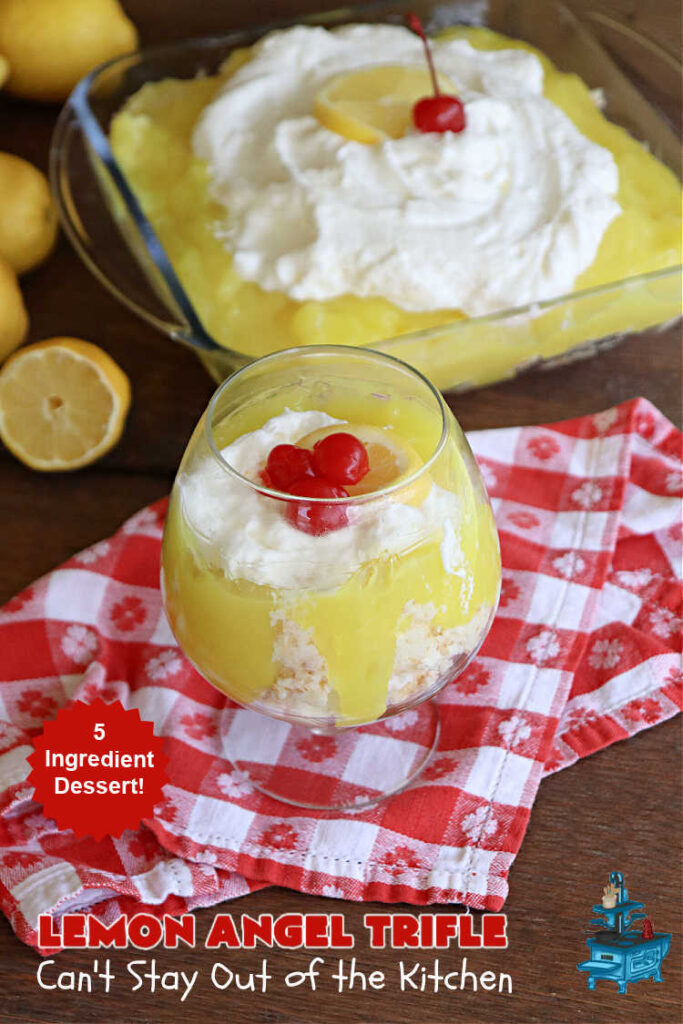 Lemon Angel Trifle | Can't Stay Out of the Kitchen | Prepare to have your socks knocked off over every delicious bite of this #lemon-flavored #trifle #dessert. It's a super easy #5IngredientRecipe that can be whipped up in 10 minutes. Your company will be drooling over every bite. #LemonDessert #CreamCheese #AngelFoodCake #LemonAngelTrifle