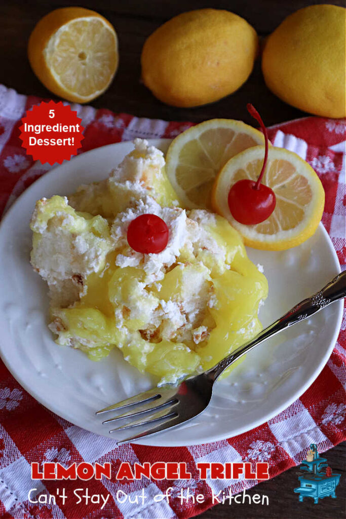 Lemon Angel Trifle | Can't Stay Out of the Kitchen | Prepare to have your socks knocked off over every delicious bite of this #lemon-flavored #trifle #dessert. It's a super easy #5IngredientRecipe that can be whipped up in 10 minutes. Your company will be drooling over every bite. #LemonDessert #CreamCheese #AngelFoodCake #LemonAngelTrifle