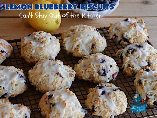 Lemon Blueberry Biscuits | Can't Stay Out of the Kitchen | Prepare to drool over these lovely sweet #biscuits! They're the perfect treat for any weekend, company or #holiday #breakfast or #brunch menu. These delightful #BlueberryBiscuits include fresh #blueberries, #LemonYogurt & #LemonPeel & #LemonJuice in the icing. They're a terrific treat with your morning #coffee. #lemon #HolidayBreakfast #LemonBlueberryBiscuits