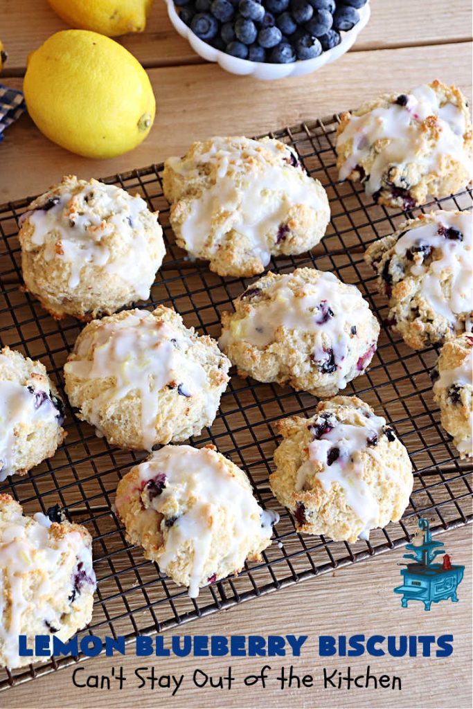 Lemon Blueberry Biscuits | Can't Stay Out of the Kitchen | Prepare to drool over these lovely sweet #biscuits! They're the perfect treat for any weekend, company or #holiday #breakfast or #brunch menu. These delightful #BlueberryBiscuits include fresh #blueberries, #LemonYogurt & #LemonPeel & #LemonJuice in the icing. They're a terrific treat with your morning #coffee. #lemon #HolidayBreakfast #LemonBlueberryBiscuits