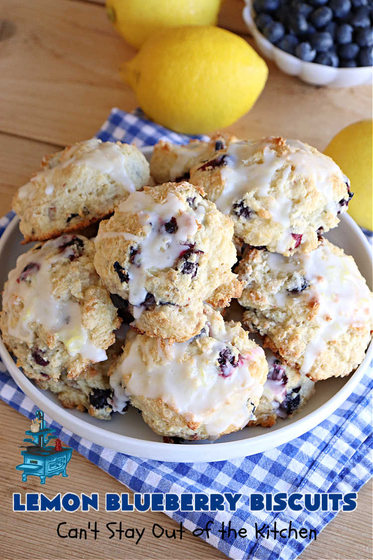 Lemon Blueberry Biscuits | Can't Stay Out of the Kitchen | Prepare to drool over these lovely sweet #biscuits! They're the perfect treat for any weekend, company or #holiday #breakfast or #brunch menu. These delightful #BlueberryBiscuits include fresh #blueberries, #LemonYogurt & #LemonPeel & #LemonJuice in the icing. They're a terrific treat with your morning #coffee. #lemon #HolidayBreakfast #LemonBlueberryBiscuits