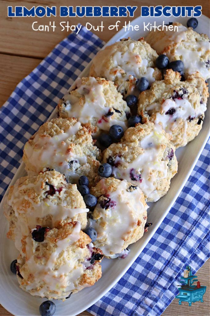 Lemon Blueberry Biscuits | Can't Stay Out of the Kitchen | Prepare to drool over these lovely sweet #biscuits! They're the perfect treat for any weekend, company or #holiday #breakfast or #brunch menu. These delightful #BlueberryBiscuits include fresh #blueberries, #LemonYogurt & #LemonPeel & #LemonJuice in the icing. They're a terrific treat with your morning #coffee. #lemon #HolidayBreakfast #LemonBlueberryBiscuits